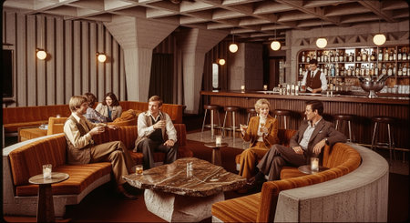 A retro lounge with stylish seating, featuring a bar in the background, patrons enjoying drinks, and a bartender serving, evoking a vintage atmosphereの素材