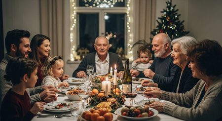 A festive family gathering around a dinner table, decorated for Christmas, with a variety of dishes and drinks, warm lighting, and a Christmas tree in the backgroundの素材