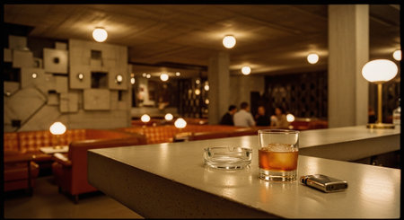 A stylish bar interior featuring a glass of whiskey on the rocks, an ashtray, and a lighter on a countertop, with cozy seating in the backgroundの素材