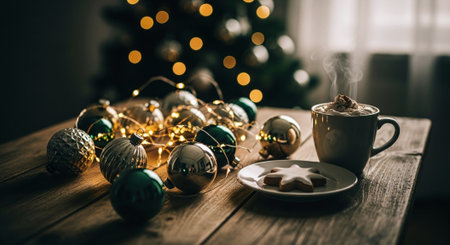 A cozy holiday scene featuring a cup of hot chocolate with whipped cream, a plate of star-shaped cookies, and decorative Christmas ornaments with warm lights in the backgroundの素材