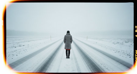 A solitary figure walking on a snowy road in a winter landscape, surrounded by white snow and fog, evoking feelings of isolation and tranquilityの素材