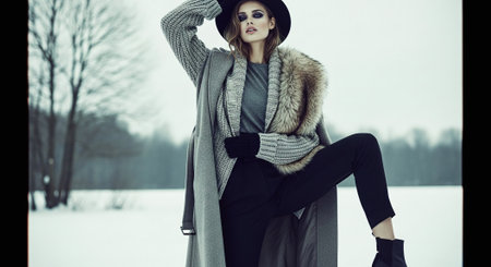 A fashionable woman posing in winter attire, featuring a long coat with fur, a gray sweater, and stylish boots, set against a snowy landscapeの素材