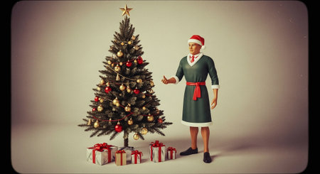 A 3d character wearing a santa hat and festive outfit standing next to a decorated christmas tree with gifts underneathの素材