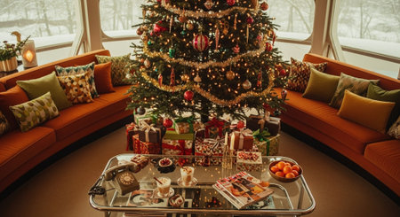 A beautifully decorated christmas tree with colorful ornaments and lights, surrounded by wrapped gifts, in a cozy living room with a modern design and comfortable seatingの素材