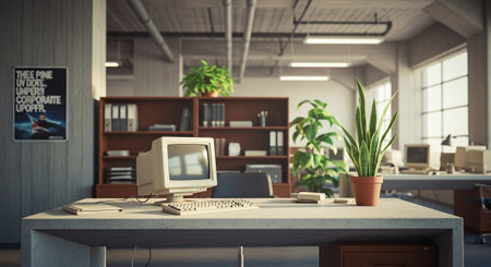 A vintage office space featuring an old computer on a desk, a potted plant, and shelves filled with books and files, bright natural light coming through large windowsの素材