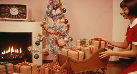 A vintage scene of a woman in a red dress arranging gifts near a decorated Christmas tree, with a cozy fireplace in the backgroundの素材