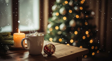 A cozy winter scene featuring a cup of hot chocolate topped with marshmallows, a lit candle, and a decorated Christmas tree in the background, with snow gently falling outsideの素材