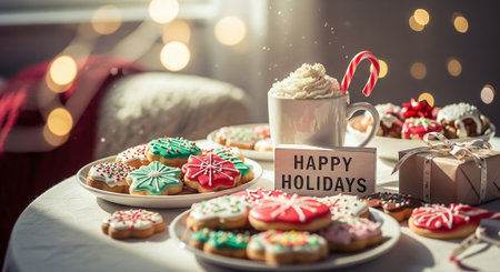 A festive table setting with decorated holiday cookies, a cup of hot cocoa topped with whipped cream, and a sign that reads happy holidays.の素材