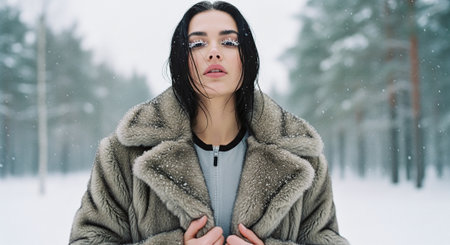 A woman in a fur coat standing in a snowy forest, with snowflakes falling around her, looking directly at the cameraの素材