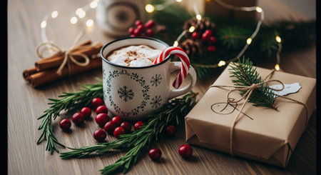 A cozy holiday scene featuring a mug of hot chocolate topped with whipped cream and a candy cane, surrounded by pine branches, red berries, cinnamon sticks, and a beautifully wrapped giftの素材