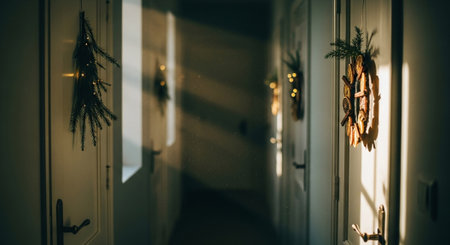 A cozy hallway decorated for the holidays, featuring wreaths on doors and soft sunlight streaming through windows, creating a warm atmosphereの素材