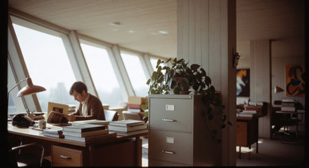 A modern office interior with large windows, a man reading at a desk, filing cabinets, and plants, showcasing a bright and organized workspaceの素材
