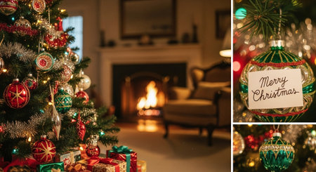 A beautifully decorated Christmas tree with colorful ornaments, presents underneath, and a cozy fireplace in the backgroundの素材