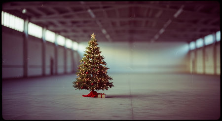 A beautifully decorated christmas tree with lights and ornaments, placed in a spacious, empty warehouseの素材