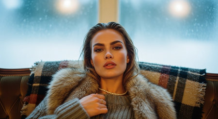 A woman with long hair wearing a cozy sweater and fur collar, sitting on a couch, with a blurred background of rain on a windowの素材