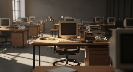 A vintage office setting with old computers and a desk lamp, showcasing a nostalgic atmosphereの素材