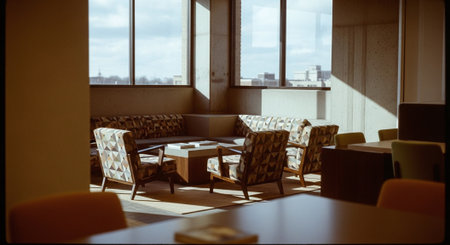 A modern lounge area with geometric patterned chairs and a coffee table, large windows letting in natural light, urban view outsideの素材