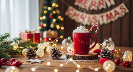 A cozy holiday scene with a red mug of hot chocolate topped with whipped cream and candy canes, surrounded by festive decorations like pine cones, fairy lights, and a christmas tree.の素材