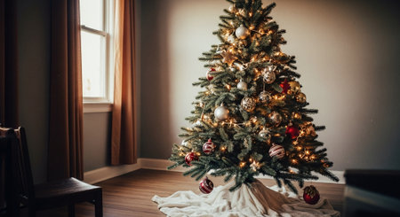 A beautifully decorated Christmas tree with ornaments and lights, set in a cozy room with natural light coming through a windowの素材