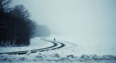 A solitary figure walking along a winding road in a snowy landscape, surrounded by trees, with fog obscuring the backgroundの素材