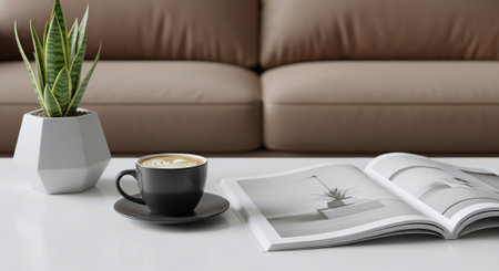A cozy living room scene featuring a black coffee cup on a saucer, an open magazine with minimalist design, and a potted plant, all on a white table with a beige couch in the backgroundの素材