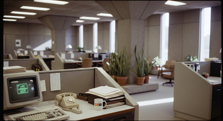 An office interior featuring cubicles, a vintage computer, a rotary phone, and potted plants, with natural light coming through large windowsの素材