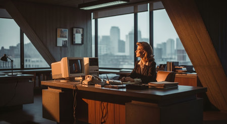 A woman sitting at a desk in an office, working on a computer, with a city skyline visible through large windowsの素材