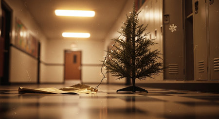 A small, decorated christmas tree stands in a school hallway next to crumpled wrapping paper on the floor, with lockers lining the wallsの素材