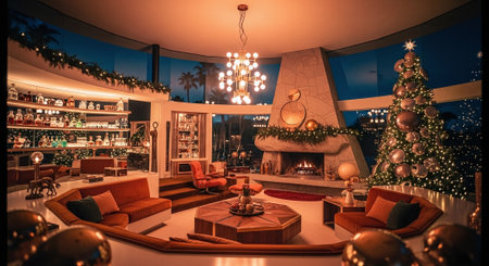 A beautifully decorated living room featuring a large Christmas tree, elegant furniture, and a cozy fireplace, all set in a modern architectural space with large windowsの素材