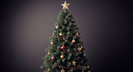 A beautifully decorated christmas tree with golden star on top, adorned with colorful ornaments and lights, set against a dark backgroundの素材