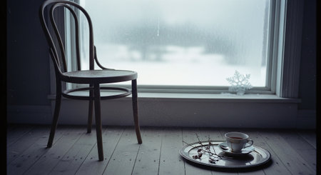 A wooden chair beside a window with a snowy view, a cup of tea on a tray, creating a cozy winter atmosphereの素材