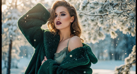 A woman in a green coat posing in a snowy landscape, with soft sunlight filtering through trees, creating a dreamy atmosphereの素材