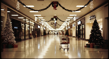 A festive shopping mall decorated for the holidays, featuring Christmas trees and lights, with a shopping cart in the center of the aisleの素材