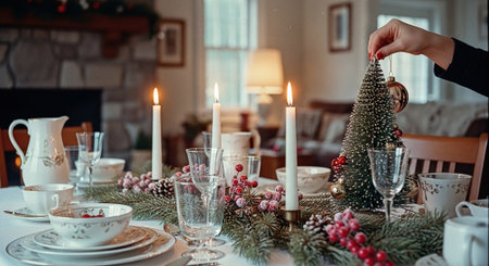 A beautifully set dining table for a festive occasion, featuring elegant tableware, candles, and a small decorated Christmas treeの素材