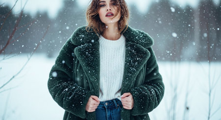 A woman in a green coat standing in a snowy landscape, snowflakes falling around her, wearing a white sweater and blue jeans, with a serene expressionの素材