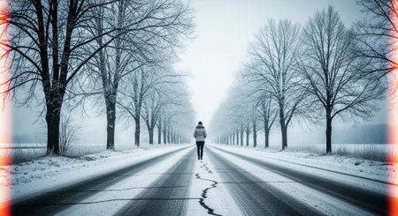 A solitary figure walking down a snow-covered road lined with bare trees, creating a serene and tranquil winter sceneの素材