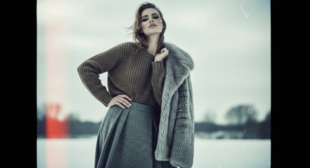 A fashionable woman posing outdoors in winter attire, wearing a knitted sweater and a fur coat, with a scenic snowy backgroundの素材
