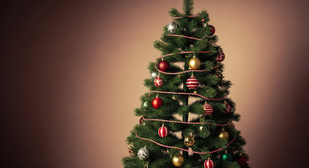 A beautifully decorated Christmas tree with ornaments and lights against a warm backgroundの素材