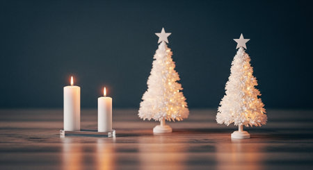 Two small white Christmas trees with stars on top, illuminated with warm lights, beside three white candles in a holder, set against a dark backgroundの素材