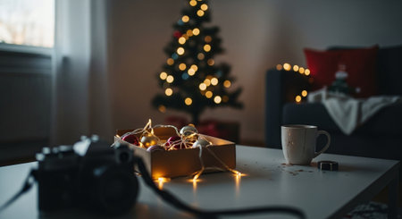 A cozy living room decorated for the holidays, featuring a Christmas tree with lights, a table with a camera, ornaments, and a mugの素材
