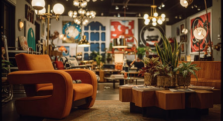 A stylish interior of a modern furniture store featuring an orange armchair, decorative plants, and artistic wall decorの素材