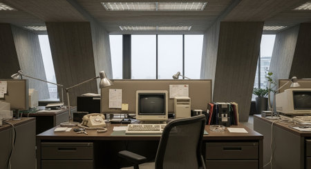 A modern office interior featuring desks with vintage computers, a telephone, and large windows overlooking a cityscape, creating a professional atmosphereの素材