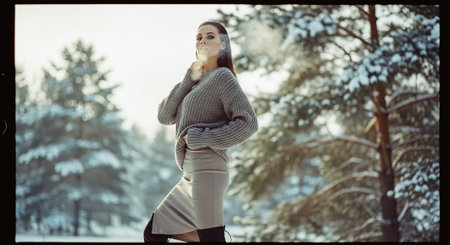A woman in a cozy sweater and skirt posing outdoors in a snowy landscape, surrounded by treesの素材