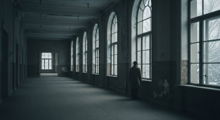 A solitary figure standing by a large window in an abandoned building, with snow visible outside, creating a somber and reflective atmosphereの素材
