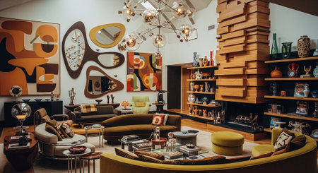 A stylish mid-century modern living room featuring bold colors, unique furniture shapes, and artistic decor elementsの素材