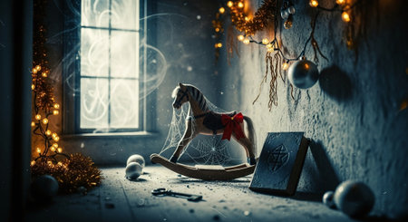 A vintage wooden rocking horse adorned with a red ribbon, covered in cobwebs, set in a dimly lit room with a window, decorative lights, and holiday ornamentsの素材