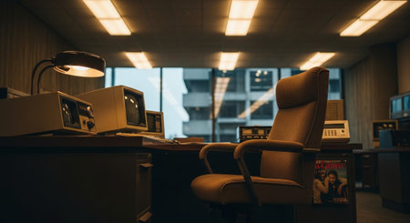 A vintage office setting featuring an empty ergonomic chair, old computer monitors, and a desk lamp, with large windows showing a cityscape in the backgroundの素材