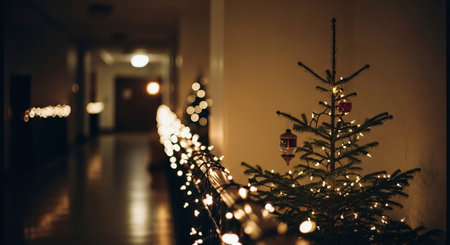 A dimly lit hallway decorated for christmas with a small tree and string lightsの素材