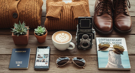 A flat lay arrangement featuring a vintage camera, a cup of coffee with latte art, sunglasses, a smartphone, a travel guide, a passport, and potted succulents, all on a wooden surfaceの素材