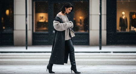 A woman walking in the snow wearing a stylish oversized sweater and long coat, high-heeled boots, urban setting with snowflakes fallingの素材